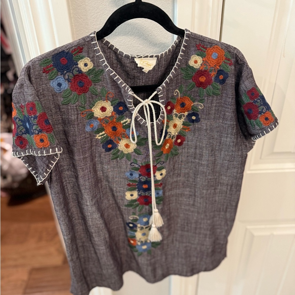 Gray Blouse with Multicolor Floral Design